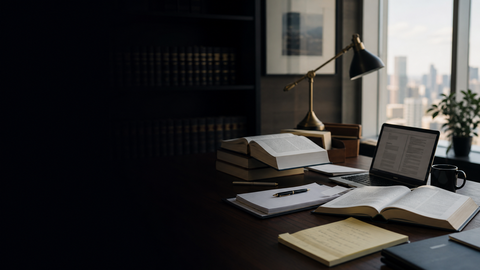 Legal research materials on a modern desk